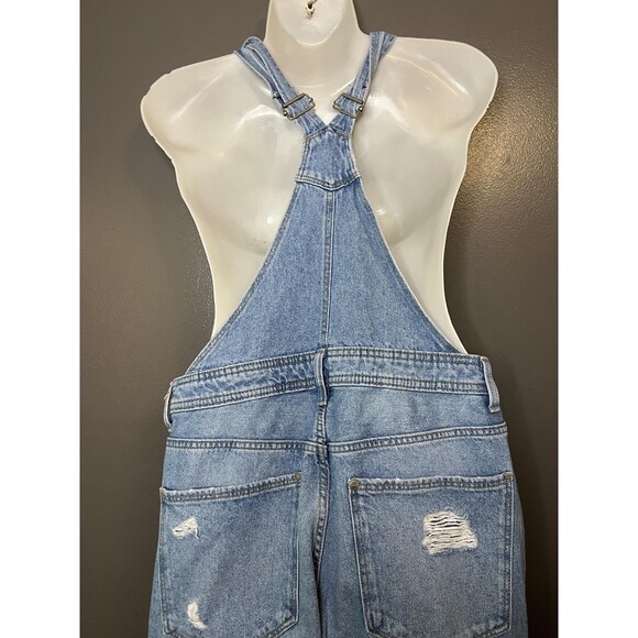 &Denim Overalls Womens 4 Light Wash Blue Denim Bib Adjustable Straps Distressed - Picture 7 of 11